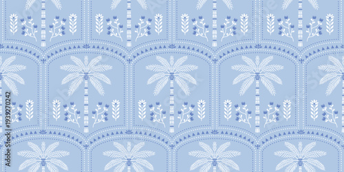 Tropical palm pattern. Exotic palm tree pattern blooms soft blue motif, coconut design. decorative summer pattern Hawaiian shirts. Monochromatic Moroccan frame motifs, floral hibiscus design.