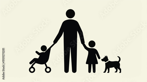 Minimalist icon of a family with two children, a baby in stroller and a dog