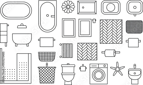 Flat vector bathroom, sink, toilet, bathtub, shower, washing machine, interior design