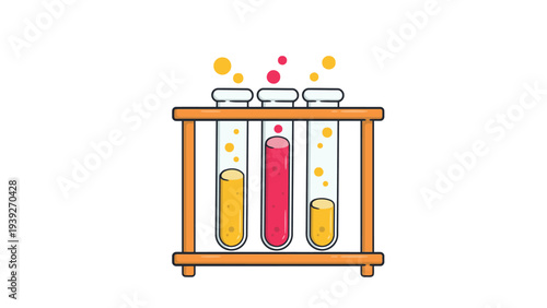 Illustration of three test tubes with different colored liquids and bubbles
