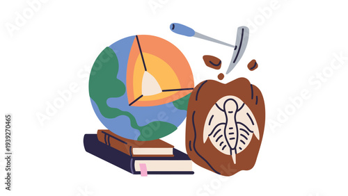 Historical medical globe and insect illustration with open book beside them