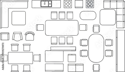 Flat vector furniture, kitchen layout, interior design, floor plan, top view