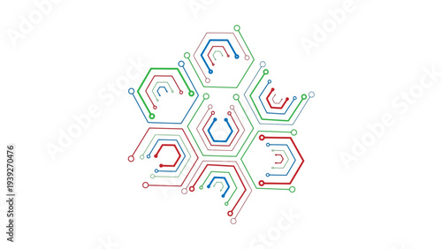 Hexagonal molecular structure with color-coded bonds and atoms in a symmetrical pattern