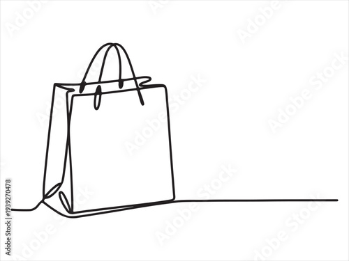 A continuous line drawing portrays a simple shopping bag, Continuous one line drawing of a shopping bag, Single continuous line drawing illustrating a standing paper shopping bag with handles, vector 