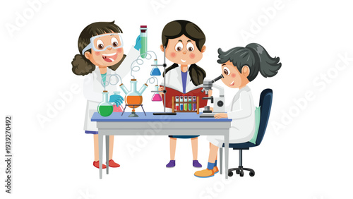 Three scientists collaborating in a laboratory setting with enthusiasm and focus