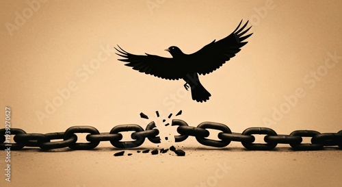 A silhouette of a bird breaking free from a chain, symbolizing freedom and liberation.