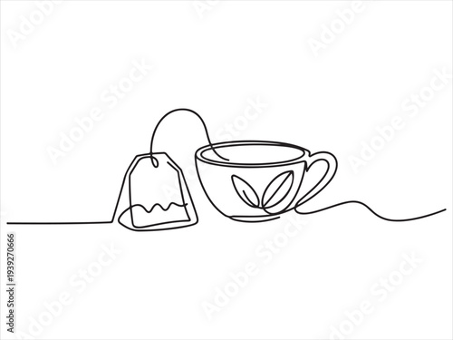 Tea cup with a tea bag continuous line drawing vector illustration. Continuous Line Drawing Tea Cup with Tea Bag Vector Illustration