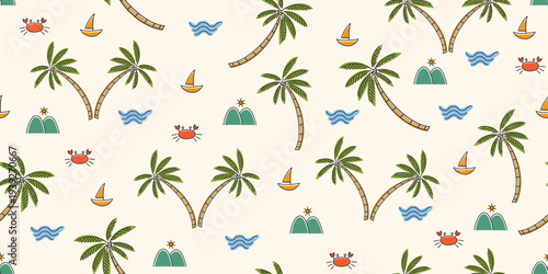 Cartoon beach print fabric, palm trees, crabs, sailboats, and mountains, perfect for children's summer fashion in Hawaii. Beach patterns, palm tree patterns. Cute pattern on a beige sand background.