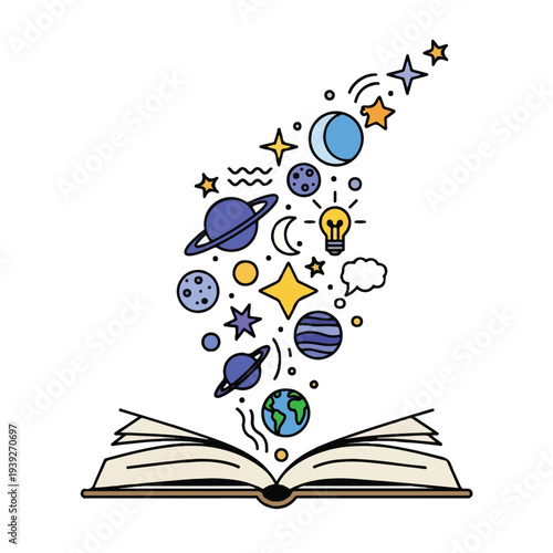 Open Book with Planets, Stars, and Cosmic Elements Flying Out, Representing Knowledge, Imagination, and Education Vector Illustration