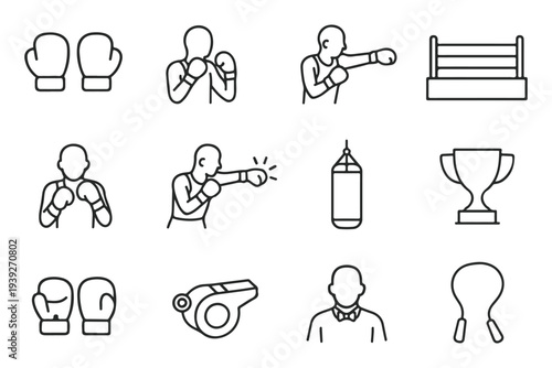 Boxing Icon Set Collection with 12 Outline Sports Icons, Boxer, Gloves, Punch, Ring and Equipment Line Art Vector Isolated on White