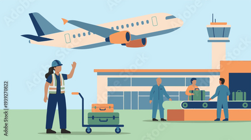 Airport scene with airplane, control tower, and staff handling luggage
