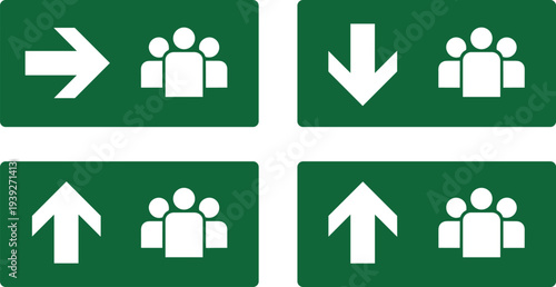  Green emergency assembly point and evacuation direction signs with arrows and people icons, safety signage illustration for workplace, public buildings, evacuation planning, and emergency preparednes