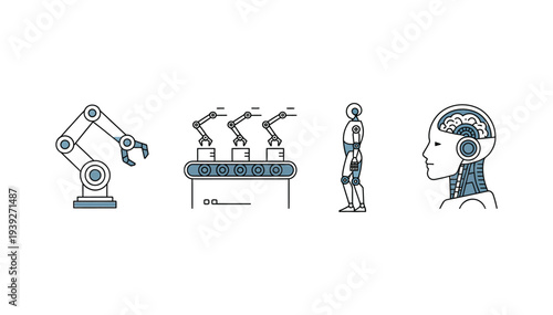 Robotic arm, automated assembly line, humanoid robot, and AI brain icons representing modern industry.