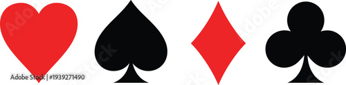 Playing card suits icons hearts spades diamonds clubs, red and black symbols for casino games, gambling illustration, poker design, card game elements vector art