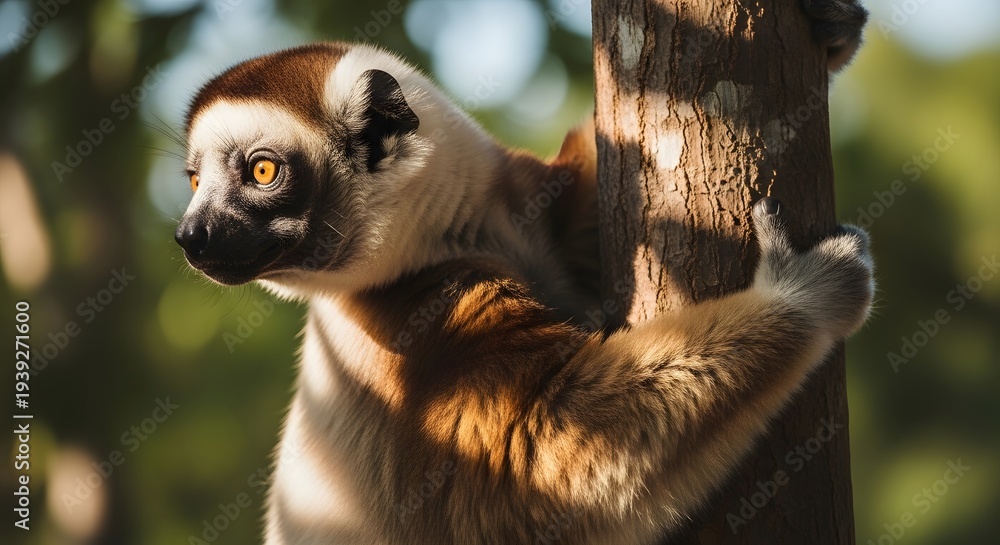 Naklejka premium Ring tailed lemur clinging to tree trunk in natural habitat