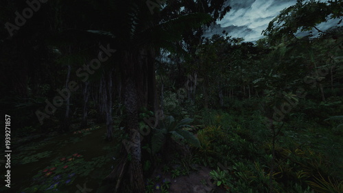 dense canopy approach with narrow earthen path and low light filtering through branches, wet ground and shadow pockets creating moody texture suggests stealthy