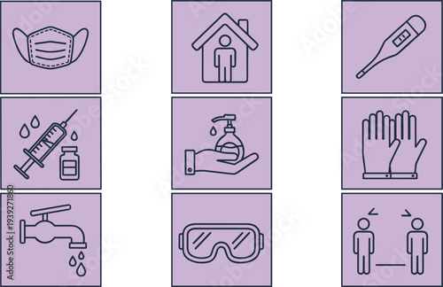 Health and safety icons illustration showing mask, sanitizer, vaccine, thermometer, gloves, handwashing, and social distancing