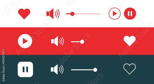 User interface media player icons illustration featuring play, pause, heart, speaker, and volume slider in red, white, and teal background design styles