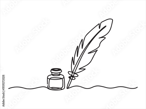 Feather Quill and Ink Continuous Line, Inkwell and pen continuous line drawing. One line feather with ink vector illustration