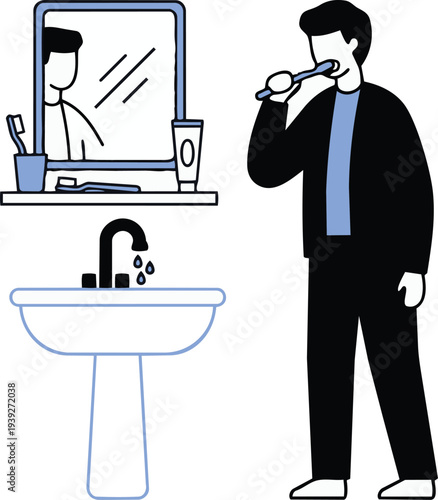 Person Brushing Teeth in Bathroom Morning Hygiene Routine Flat Vector Illustration Personal Dental Care and Healthy Lifestyle Concept
