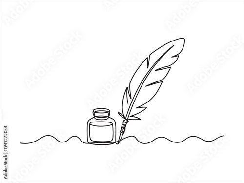Feather Quill and Ink Continuous Line, Inkwell and pen continuous line drawing. One line feather with ink vector illustration