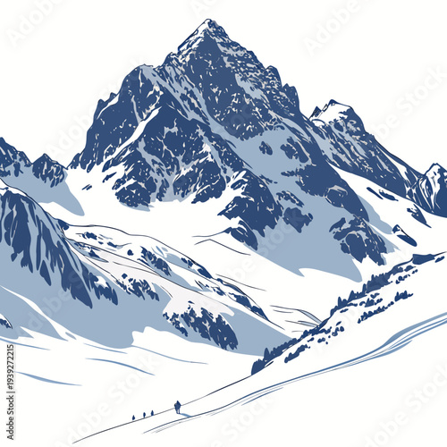 Illustration of a snowy mountain range with a prominent peak