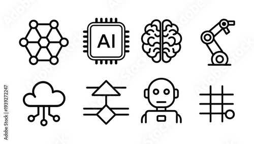 Essential artificial intelligence, robotics, brain, and cloud computing line icons for technology concepts.