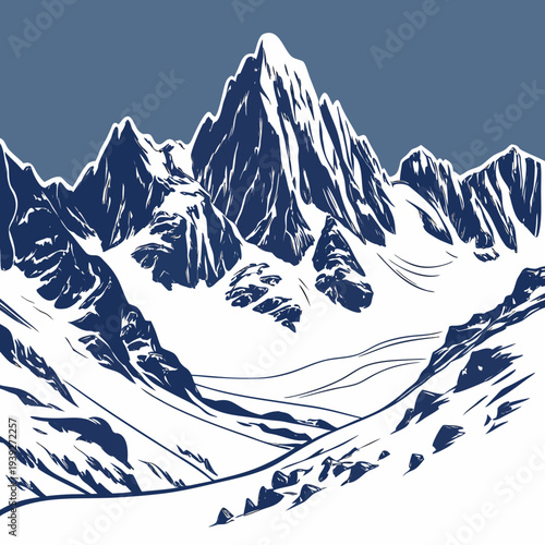 A stunning mountain range landscape in a dark blue and white color scheme on a blue background