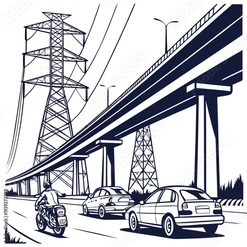 Black and white illustration of a highway with a motorcycle and cars driving underneath a large power transmission tower on a clear day