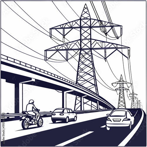 Illustration of a highway with a motorcyclist and cars driving under power lines and towers