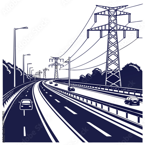 Illustration of a highway road with power lines and streetlights on a with cars driving