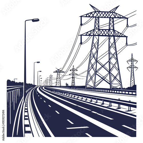 A dark blue illustration of a highway with power lines and streetlights on a with multiple lanes and guardrails