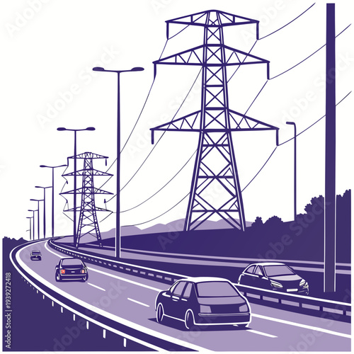 Electricity pylons and power lines along a highway with cars driving on it at dusk or dawn