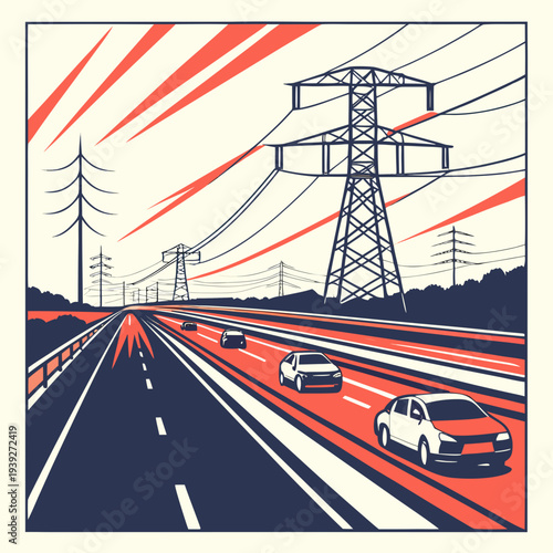 Electric highway with power lines and transmission towers beside a road with cars traveling quickly