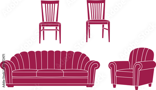 Maroon furniture illustration featuring chairs, sofa, and armchair with white outlines for interior design and catalog use