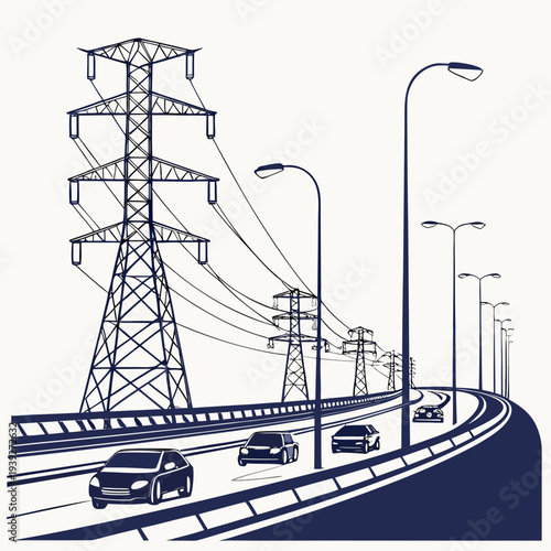 Electric power transmission towers and streetlights along a highway with cars driving on it
