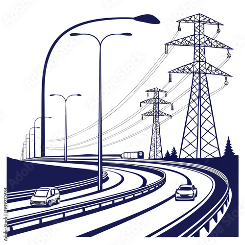 Electricity pylons and streetlights along a highway with cars driving on it