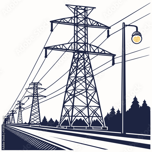 Electric power transmission towers along a railway line with streetlights