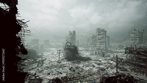 bleak ruined city skyline overcast sky, collapsed skyscrapers and endless rubble fill horizon, drifting smoke and low clouds create mournful atmosphere, silence