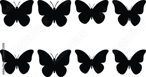 Eight black butterfly silhouettes are displayed in two rows against a white background, showcasing diverse wing shapes and sizes.