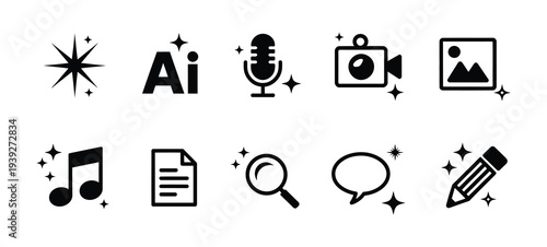 AI-powered creative tools and content generation black glyph icons with sparkling effects.