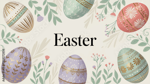 Colorful easter eggs with floral patterns on a cream background for holiday greeting cards