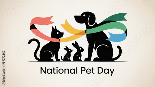 Minimalist vector illustration of a dog cat and rabbit celebrating national pet day with colorful ribbons