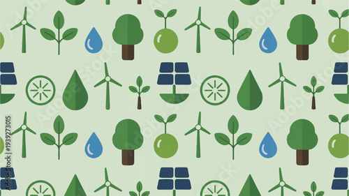 Eco friendly pattern background with green trees wind turbines solar panels recycling symbols and water droplets on light green