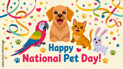 Happy national pet day celebration with colorful animals and confetti