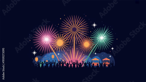 Vibrant fireworks exploding in night sky with colorful bursts of light and silhouetted crowd celebrating festive atmosphere