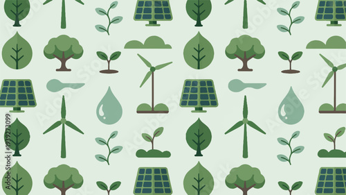 Seamless green eco friendly pattern with renewable energy symbols leaves and plants on light background perfect for environmental designs