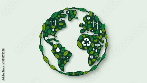 Vector illustration of planet earth with green leaves and flowers symbolizing eco friendly and sustainable living on a white background