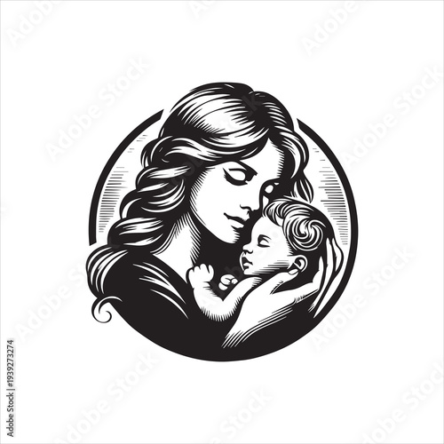 Vector illustration of a woman tenderly holding a baby in a circular black and white logo design on a clean white background.