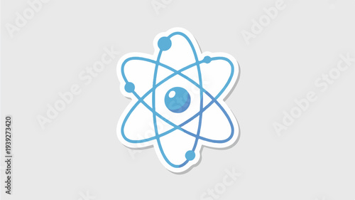 Flat vector sticker design of a blue atom symbol with orbiting electrons on a white background representing science and technology concepts in a simple modern style
